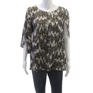 Figue Womens Black Geometric Basic Round Neck 3/4 Sleeve Blouse Size M